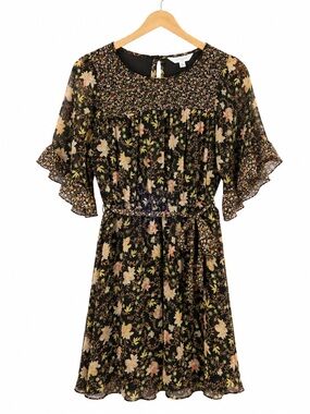 Lauren Conrad Floral Fall Dress Smocked Waist Ruffle Sleeve Mini Dress